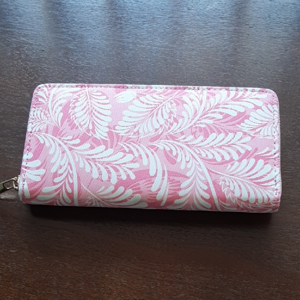 Pink Leaf-Print Zip Wallet